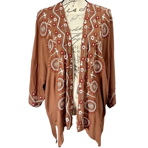 J Jill Women's OS Embroidered Kimono Open Front Cardigan Asymmetrical - Picture 2 of 13